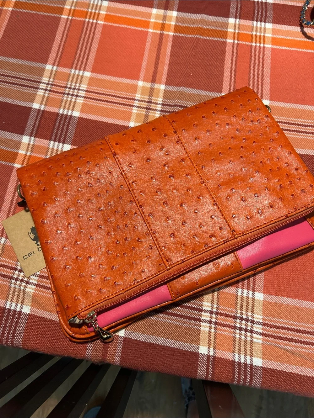 Cri De Coeur Orange FEAUX Ostrich -Texture Zip Bag with Pink Details